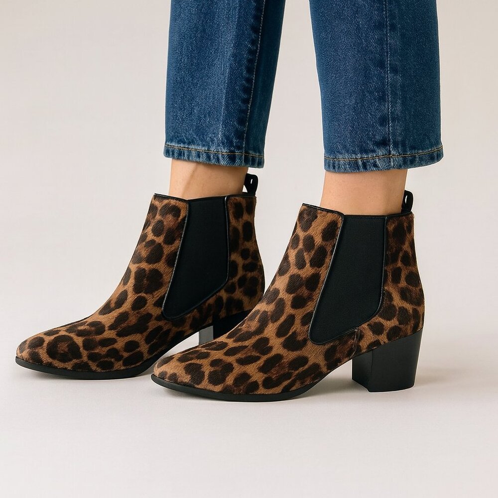 Nine West Leopard Animal Print Faux Fur Ankle Boots Block Heel Slip On Size 7.5